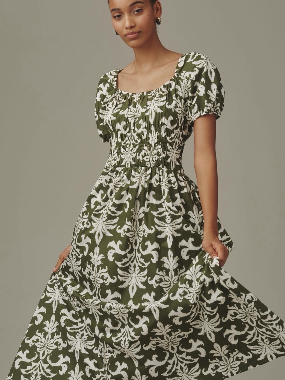 Maeve Anthropologie Green Floral Puff Sleeve Fit & Flare Midi Dress Small